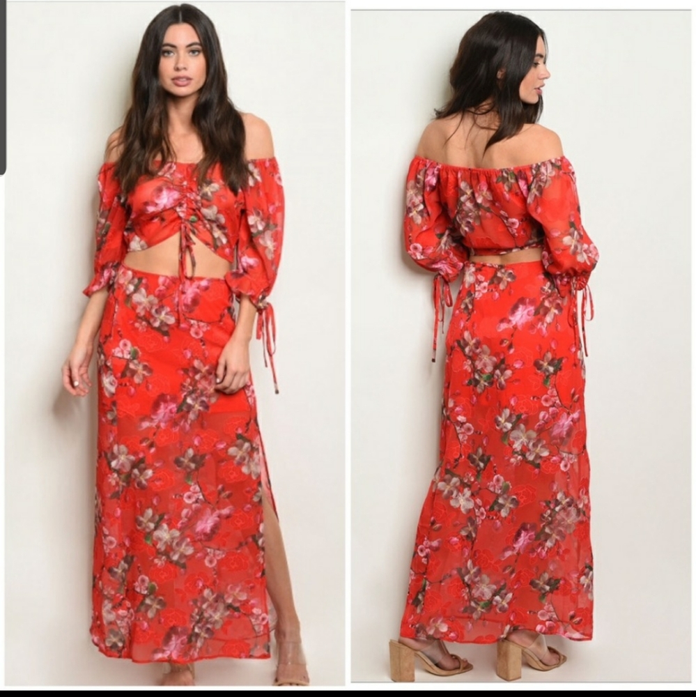 2 piece Bohemian cold shoulder crop top& skirt